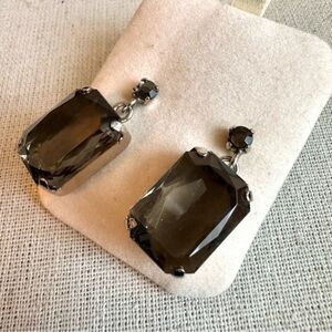 Large emerald cut faceted black faux gemstone dangling pendant earrings